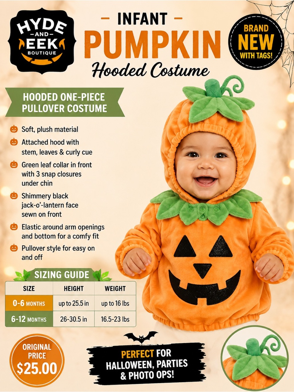 Hyde and Eek Infant Pumpkin Hooded Costume - Orange with Green Leaf Collar
